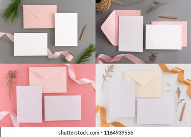 A wedding mock up concept. Wedding Invitation, envelopes, cards Papers on color background with ribbon and decoration. Top view, flat lay, copy space - Shutterstock ID 1164939556