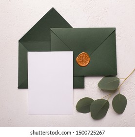 Wedding mockup concept. Craft envelopes with empty postcard for invitation text on white background