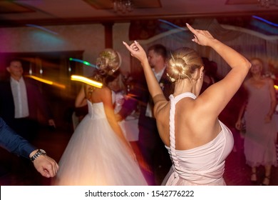Wedding party. Guests and bridesmaids having fun and dancing on wedding banquet
