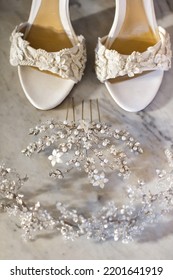 Wedding Pearl Hair Clip And Wedding Shoes.