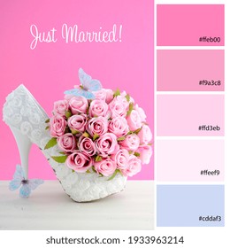 Wedding Planner Color Palette Inspired By Pink And White Theme Bridal Shoes And Bouquet. Designer Pack With Photograph And Swatches With Hex Codes References.