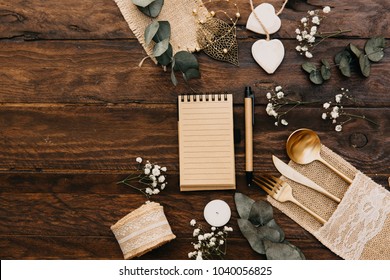 Wedding Planning Concept. Flat Lay Composition With Boho Wedding Decorations Over Wooden Background. Top View, Copy Space 