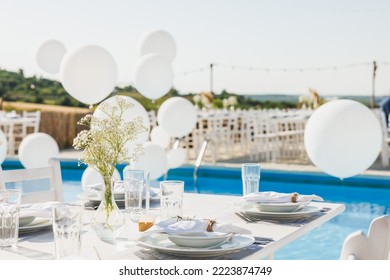 Wedding Pool Party With Balloons In The Backyard Near To Vineyard.