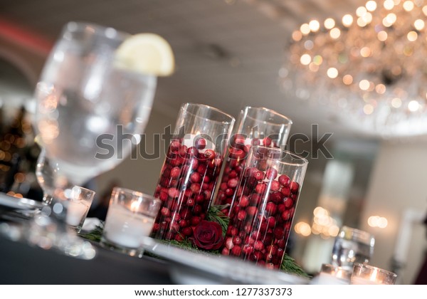 Wedding Reception Centerpiece Cranberries Water Clear Stock Photo