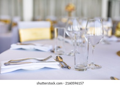 Wedding Reception Hall Tables, Glasses And Cutlery