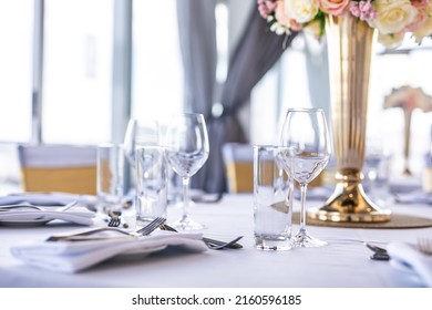 Wedding Reception Hall Tables, Glasses And Cutlery