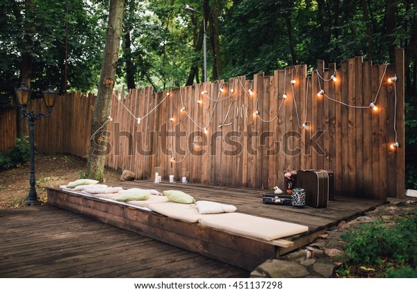 Wedding Reception Lounge Zone Wooden Wall Stock Photo Edit Now