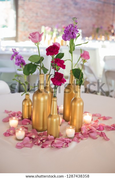 Wedding Reception Table Centerpieces Featuring Purple Stock Photo ...