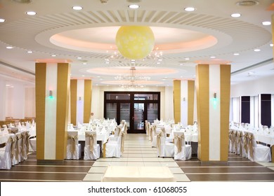 Wedding Reception Table Set Awaiting Guests And Food.