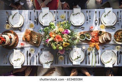 Wedding Reception Table Setting Aerial Top View