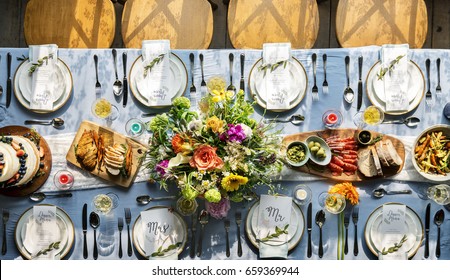 Wedding Reception Table Setting Aerial Top View