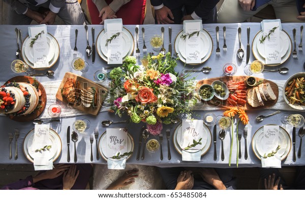 Wedding Reception Table Setting Aerial Top Stock Photo Edit Now