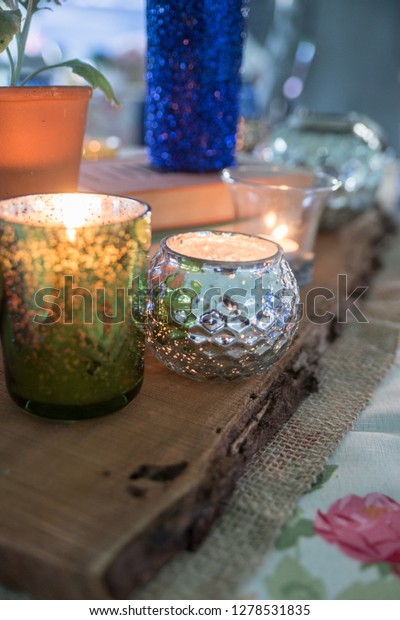 Wedding Reception Tablescapes Including Glassware Candles Stock