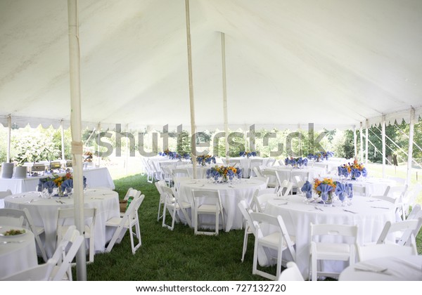 Wedding Reception White Tablecloths Colorful Centerpieces Stock