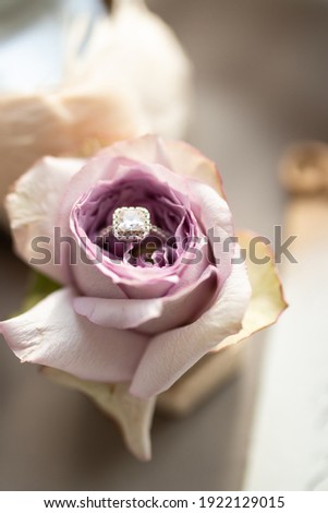 A wedding ring in a purple rose close up