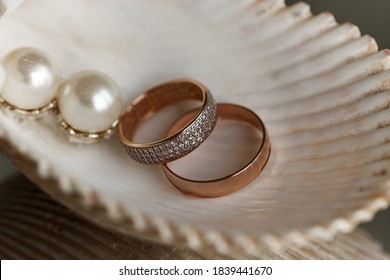 wedding rings on the background of shells with earrings, wedding rings, earrings, wedding earr