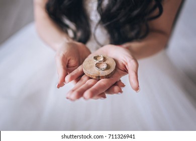 Wedding Rings On Bride's Hands, Wedding Background, Rustic Wedding, Rings On Wood, Bride With Rings