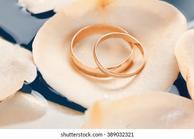 Wedding Rings On The Rose Petals Floating In Water Macro