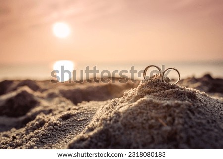 Wedding rings in the sand. Sunset by the sea.