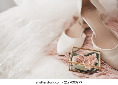 Wedding Rings. White High Heels. White Wedding Dress. Wedding Ring Box.