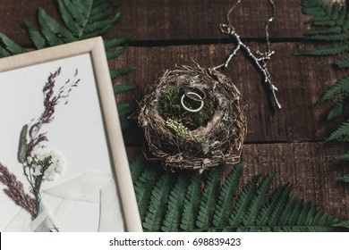 wedding rustic boutonniere and wedding rings in bird nest on wooden background with fern leaves. rustic barn wedding concept. top view. - Powered by Shutterstock