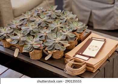 Wedding. Rustic . Favors on a table outdoor with boxes for wedding event - Shutterstock ID 290135555