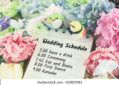 Wedding Schedule Planning On Note Paper Groom Bride Bird Sweet Flower Background