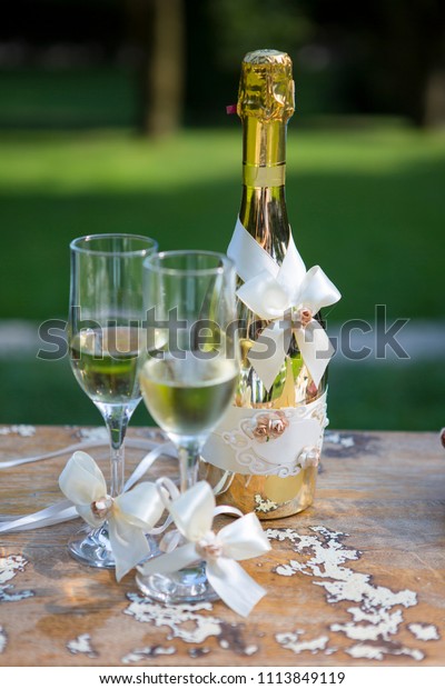 Wedding Set Champagne Bottles Beautifully Decorated Stock Photo