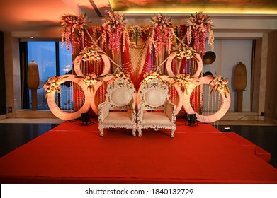 Wedding Stage Decoration In Banquet Hall. Indian Wedding Decoration.