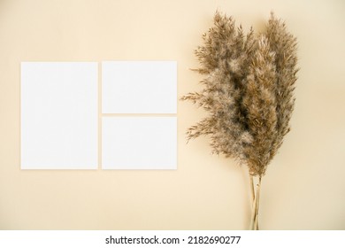 Wedding Stationery Set Mockup With With Pampas Grass On Beige Background