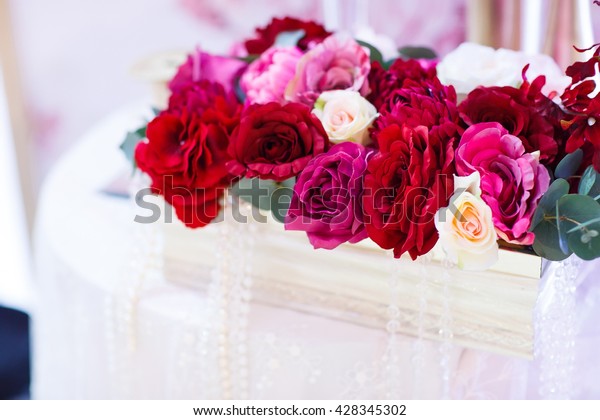 Wedding Table Decorations Red Roses Basket Stock Photo Edit Now