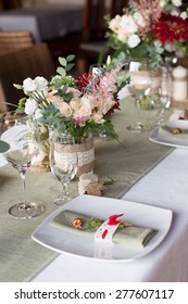 Wedding Table Served In A Rustic Style, Close Up