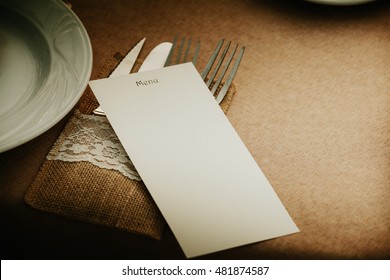 Wedding table setting. Wedding menu card. Event detail. Copy space to fill in.