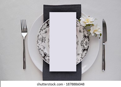 Wedding Table Setting, Menu Mockup On Table, Blank Card For Wedding, Restaurant, Festive Dinner Menu Design.