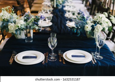 Wedding Table Setting Navy Blue Color Card With Names Fresh Flowers Open Terrace