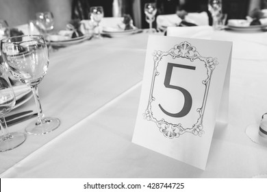 Wedding Table With The Sign Number Five, Pictures In BW