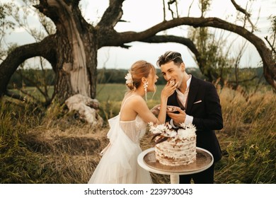 Wedding traditions, newlyweds eat wedding cake. High quality photo - Powered by Shutterstock