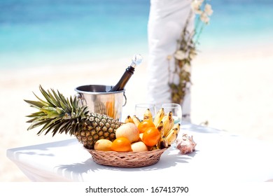 Wedding Tropical Celebration, Fruit Plate And Champagne, Ceremony On Beach