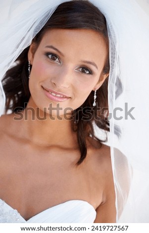 Wedding, veil and portrait of bride with makeup, fashion and happiness at celebration of marriage. Bridal, aesthetic and woman in ceremony with beauty, confidence and pride in gown or hairstyle