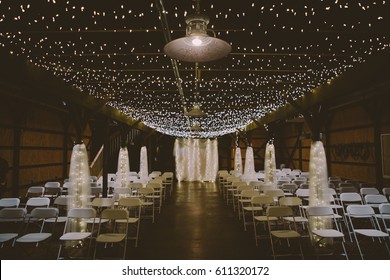 Wedding Venue Barn Industrial Ceremony Room With Lights And Linens