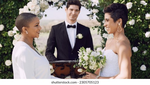 Wedding, vows and lesbian couple making commitment at altar with smile, love and minister for ceremony. Lgbt marriage, celebration and happy woman with bride, diversity and women with lgbtq pride. - Powered by Shutterstock