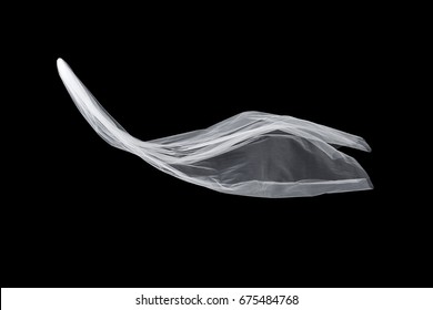 Wedding White Bridal Veil Isolated On The Black Background. Veil Flutters In The Wind