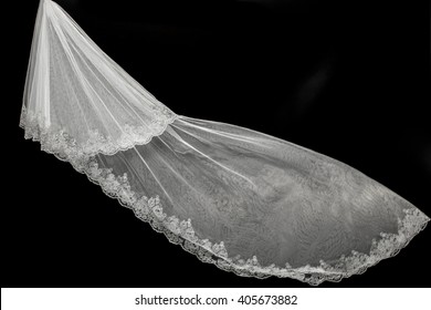 Wedding White Bridal Veil On Black Background Isolated