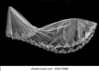 Wedding White Bridal Veil On Black Background Isolated