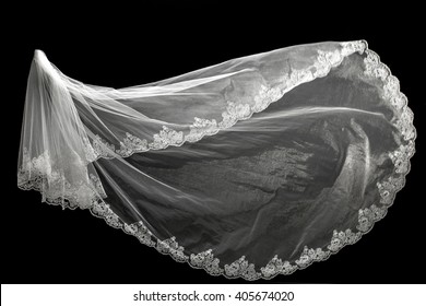 Wedding White Bridal Veil On Black Background Isolated