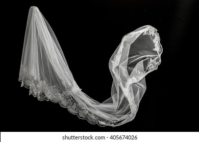 Wedding White Bridal Veil On Black Background Isolated