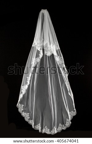 wedding white Bridal veil on black background isolated