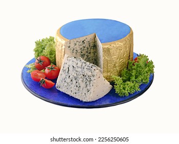 Wedge of blue cheese and large piece on blue plate. Clipping path. - Powered by Shutterstock