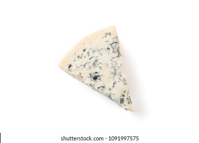 Wedge Of Soft Blue Cheese With Mold Isolated On White Background. Top View