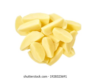 wedges of raw potatoes isolated on white background top view.